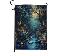 Bandiera da giardino della foresta incantata fantasia farfalla giungla lago estetica luna fiore blu lino per benvenuto portico cortile bandiera decorazione per vacanze prato festa pinne su entrambi i