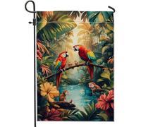 Bandiera da giardino della foresta pluviale decorativa banner pappagalli e scimmie colorate decorazione del prato all'aperto su due lati per feste estive 12 x 18 pollici