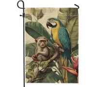 Bandiera da giardino della giungla tropicale, bandiera blu verde pappagallo e scimmia, decorazione per la casa, in iuta su entrambi i lati, decorazione per prato all'aperto, tema festa estiva 30,5 x