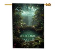 Bandiera da giardino della giungla tropicale di benvenuto, verde lussureggiante felci cascata, decorazione per la casa, striscione da giardino, bandiera da giardino in iuta su entrambi i lati