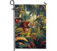 Bandiera da giardino della giungla tropicale, tigre arancione e pappagallo colorato, striscione decorativo per la casa, bandiera da cortile in tessuto su entrambi i lati, decorazione estiva per