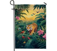 Bandiera da giardino della giungla tropicale, tigre colorata in una vegetazione lussureggiante, striscione decorativo per la casa e il giardino, bandiera da giardino in poliestere su entrambi i lati