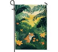 Bandiera da giardino della giungla tropicale, tigre floreale verde, decorazione per esterni, striscione a tema natura su entrambi i lati, per feste estive, decorazione per il prato della casa, 30,5 x