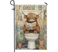 Bandiera da giardino della mucca delle Highlands, lettura del bestiame marrone in bagno, decorazione del prato all'aperto estivo, banner in tela di iuta double face, decorazione della casa