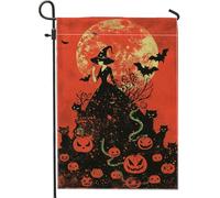 Bandiera da giardino della strega di Halloween, luna arancione, zucca, pipistrello, decorazione gotica all'aperto, bandiera in juta double face, decorazione per feste, 12 x 18 pollici