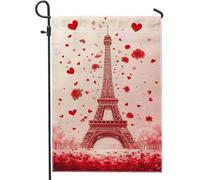 Bandiera da giardino della Torre Eiffel di San Valentino, decorazione per esterni, motivo cuori rossi e rose, bandiera da giardino in iuta su entrambi i lati, per decorazione del prato e delle vacanze