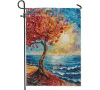 Bandiera da giardino dell'albero costiero autunnale foglie rosse vivide paesaggio spiaggia decorazione stagionale bandiera cortile doppia faccia per vacanze all'aperto decorazione prato 30,5 x 45,7