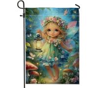 Bandiera da giardino delle fate, motivo bambino incantato blu con lanterna, striscione decorativo per la casa, bandiera su entrambi i lati, in iuta, decorazione per esterni, per feste primaverili ed