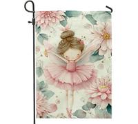 Bandiera da giardino delle fate primaverile ed estiva, con fiori di pesco e ballerina, decorazione per la casa e il giardino, bandiera da giardino in iuta su entrambi i lati, decorazione per feste e