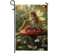 Bandiera da giardino delle fate primaverile ed estiva, con funghi rossi, margherita, decorazione da giardino, bandiera da giardino su entrambi i lati, bandiera da giardino per esterni, 30,5 x 45,7 cm