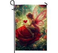 Bandiera da giardino delle fate primaverili, bandiera floreale con rose rosse e farfalle, bandiera decorativa per esterni, bandiera su entrambi i lati, per la decorazione del prato domestico 30,5 x