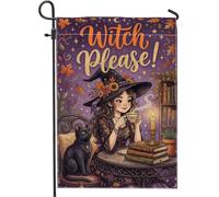 Bandiera da giardino delle streghe, fantasiosi libri autunnali con gatti di Halloween viola in iuta su entrambi i lati, bandiere decorative per esterni, patio, prato, portico anteriore, balcone, 30,5