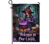 Bandiera da giardino delle streghe, fantasioso e incantevole calderone con cristalli di Halloween viola, bandiere decorative esterne su entrambi i lati, per esterni, portico, prato, patio, terrazza