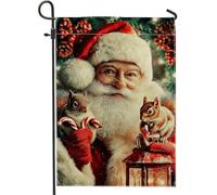 Bandiera da giardino di Babbo Natale, decorazione natalizia rossa con scoiattoli e lanterna, striscione da esterno in iuta su entrambi i lati per la decorazione del prato 30,5 x 45,7 cm