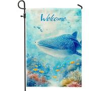 Bandiera da giardino di benvenuto a balena, bandiera decorativa con creature oceaniche blu, bandiera costiera estiva per spiaggia, cortile, decorazione vivace per esterni, 30,5 x 45,7 cm