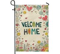 Bandiera da giardino di benvenuto a casa, decorazione per esterni con cuori e fiori colorati, striscione stagionale su entrambi i lati, graziosa decorazione per la casa per la primavera e l'estate
