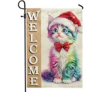 Bandiera da giardino di benvenuto a forma di gatto colorata, decorazione per portico in pelliccia arcobaleno, bandiera per esterni double face in iuta per tutto l'anno, bella decorazione per terrazze