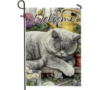Bandiera da giardino di benvenuto a forma di gatto grigio, decorazione floreale primaverile estiva per esterni, striscione per cortile, decorazione per prato su entrambi i lati per la casa, 30,5 x