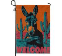 Bandiera da giardino di benvenuto a tema deserto, decorazione per esterni con asino arancione e cactus, striscione in iuta su entrambi i lati per la decorazione estiva del prato 30,5 x 45,7 cm