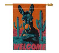 Bandiera da giardino di benvenuto a tema deserto, decorazione per esterni con asino arancione e cactus, striscione in iuta su entrambi i lati per la decorazione estiva del prato 71 x 101 cm