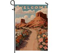 Bandiera da giardino di benvenuto al tramonto nel deserto, decorazione per esterni con fiori di campo colorati, decorazione per esterni, tema primaverile estivo, bandiera da cortile per casa e