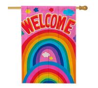Bandiera da giardino di benvenuto arcobaleno colorata, decorazione da esterno color pesca brillante per primavera estate, striscione vibrante su entrambi i lati per la decorazione della casa e del
