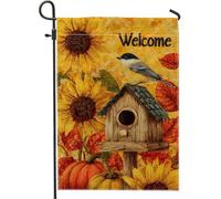 Bandiera da giardino di benvenuto autunnale, girasoli gialli per la casa degli uccelli, striscione decorativo per la casa, bandiera da giardino in iuta su entrambi i lati, decorazione per prato