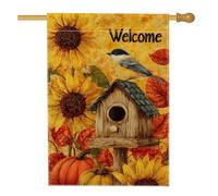 Bandiera da giardino di benvenuto autunnale, girasoli gialli per la casa degli uccellini, striscione decorativo per la casa, bandiera da giardino in iuta su entrambi i lati, decorazione per prato