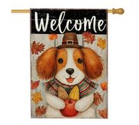 Bandiera da giardino di benvenuto autunnale, simpatico cane con mais e frutta, decorazione per esterni, striscione stagionale su entrambi i lati per la decorazione del cortile del Ringraziamento