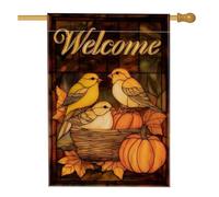 Bandiera da giardino di benvenuto autunnale, uccelli gialli nel nido con decorazione da cortile di zucca, striscione su entrambi i lati per la decorazione del prato esterno 71 x 101 cm