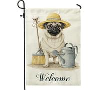 Bandiera da giardino di benvenuto con carlino, simpatico cane con cappello decorazione per prato esterno, striscione in iuta a tema animale primaverile estivo, decorazione rustica per la casa su