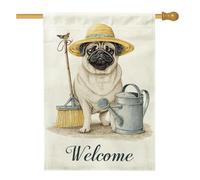 Bandiera da giardino di benvenuto con carlino, simpatico cane con cappello decorazione per prato esterno, striscione in iuta a tema animale primaverile estivo, decorazione rustica per la casa su