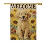 Bandiera da giardino di benvenuto con cuccioli dorati, striscione floreale per esterni con girasole, bandiera da cortile in iuta su entrambi i lati, decorazione per la casa autunnale e primaverile, 71