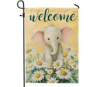 Bandiera da giardino di benvenuto con elefante primaverile, margherita gialla, striscione decorativo per la casa, bandiera da giardino in iuta su entrambi i lati, decorazione per esterni, 30,5 x 45,7