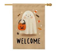 Bandiera da giardino di benvenuto con fantasma di Halloween, beige carino fantasma zucca caramelle decorazione per esterni, striscione in iuta su entrambi i lati per feste autunnali decorazione prato