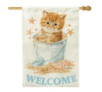 Bandiera da giardino di benvenuto con gatti estivi, secchiello arancione per gattini, decorazione da spiaggia su entrambi i lati, in iuta, decorazione per esterni, 71 x 101 cm