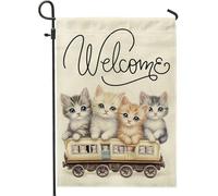 Bandiera da giardino di benvenuto con gattino, decorazione da giardino con gatto beige, decorazione per esterni, quattro gattini su entrambi i lati, fatto a mano, decorazione per la casa a tema
