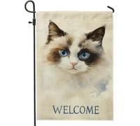 Bandiera da giardino di benvenuto con gatto, bandiera decorativa per la casa con occhi azzurri, bandiera da cortile in tessuto su entrambi i lati, decorazione per prato esterno per tutte le stagioni