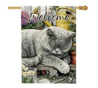 Bandiera da giardino di benvenuto con gatto grigio, decorazione floreale per gatti primaverili ed estivi, striscione da cortile per esterni, decorazione per prato a doppia faccia per la casa, 71 x 101