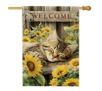 Bandiera da giardino di benvenuto con gatto soriano addormentato e girasoli, decorazione decorativa per esterni, decorazione estiva per la casa, marrone scuro, 71 x 101 cm