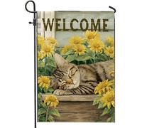 Bandiera da giardino di benvenuto con gatto soriano addormentato e girasoli, decorazione decorativa per esterni, decorazione estiva per la casa, marrone, 30,5 x 45,7