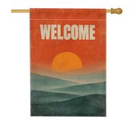 Bandiera da giardino di benvenuto con montagna al tramonto, arancione caldo, decorazione per la casa e il cortile, in iuta su entrambi i lati, per tutte le stagioni, 71 x 101 cm