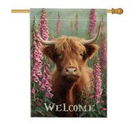 Bandiera da giardino di benvenuto con mucca delle Highland Primavera ed Estate, Floreale Foxgloves Rustico Stile Casale Decorazione per la Casa, Doppio Lato Esterno Cortile Vacanze Decorazione 71 x