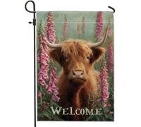 Bandiera da giardino di benvenuto con mucca delle Highland Primavera ed Estate, Floreale Foxgloves Rustico Stile Casale Decorazione per la Casa, Doppio Lato Esterno Cortile Vacanze Decorazione 30,5 x