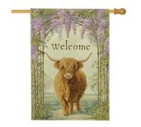 Bandiera da giardino di benvenuto con mucca delle Highland primaverili, glicine viola, decorazione floreale per la casa all'aperto, bandiera da cortile su entrambi i lati, decorazione per prato per