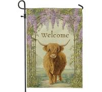 Bandiera da giardino di benvenuto con mucca delle Highland primaverili, glicine viola, decorazione floreale per la casa all'aperto, bandiera da cortile su entrambi i lati, decorazione per prato per