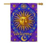 Bandiera da giardino di benvenuto con sole e luna, decorazione per la casa celeste viola, bandiera da cortile su entrambi i lati, per primavera ed estate, decorazione esterna 71 x 101 cm