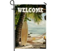 Bandiera da giardino di benvenuto con spiaggia tropicale, palma da surf beige, decorazione per esterni, striscione estivo per prato per la decorazione della casa, 30,5 x 45,7 cm