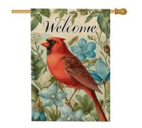 Bandiera da giardino di benvenuto con uccellino cardinale, striscione floreale rosso per la decorazione della casa, decorazione per prato all'aperto primaverile ed estate, bandiera da cortile in iuta