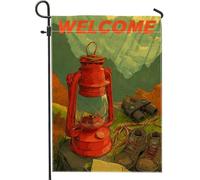 Bandiera da giardino di benvenuto da campeggio, lanterna rossa, striscione decorativo per esterni, bandiera da cortile in iuta su entrambi i lati, per decorazione autunnale e avventura, 30,5 x 45,7 cm